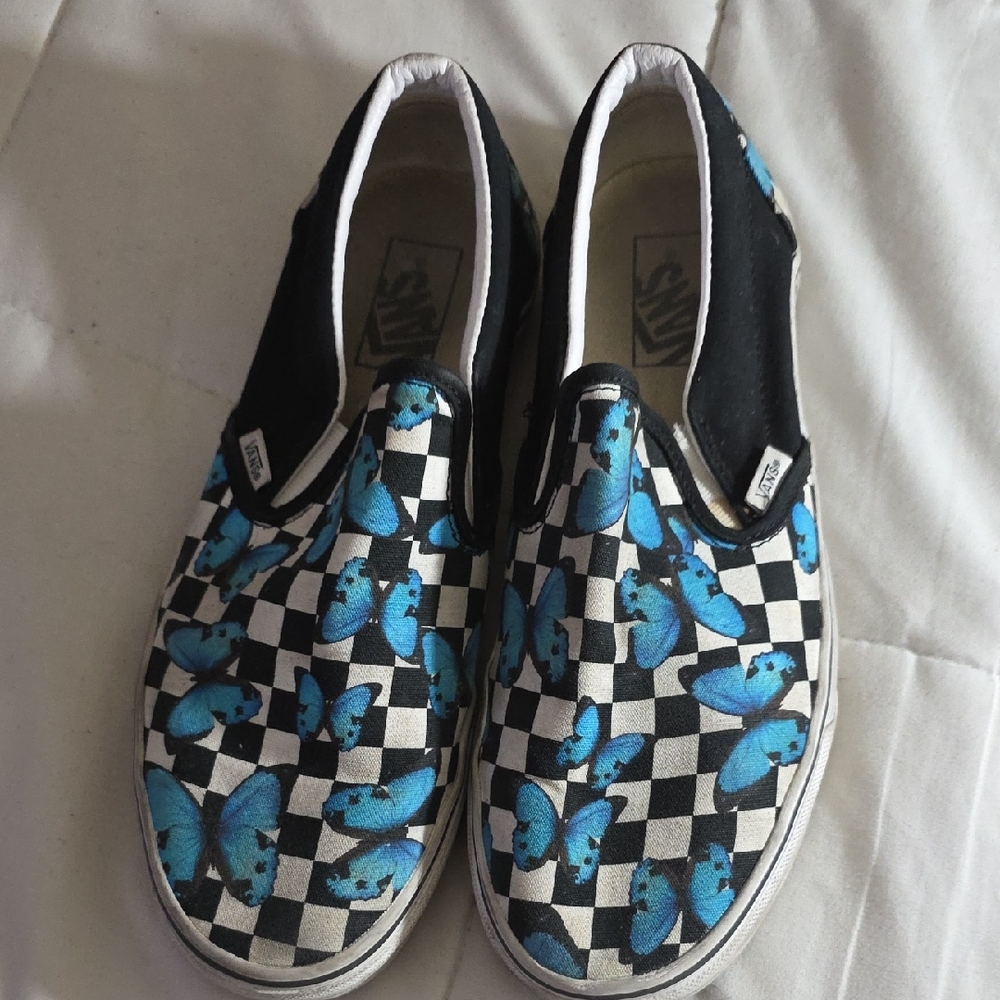 Vans Black and White Checkered Shoes with Blue Butterflies Size M9.5/W11